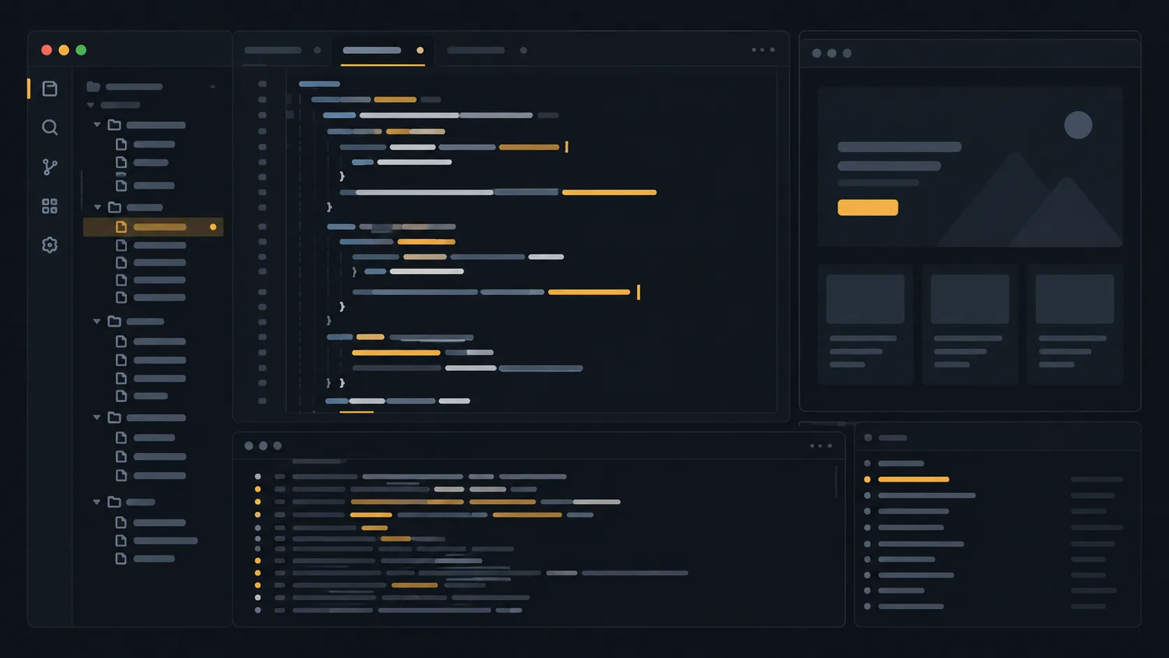 Visual conceptual de un entorno de desarrollo frontend con paneles de editor y terminal.